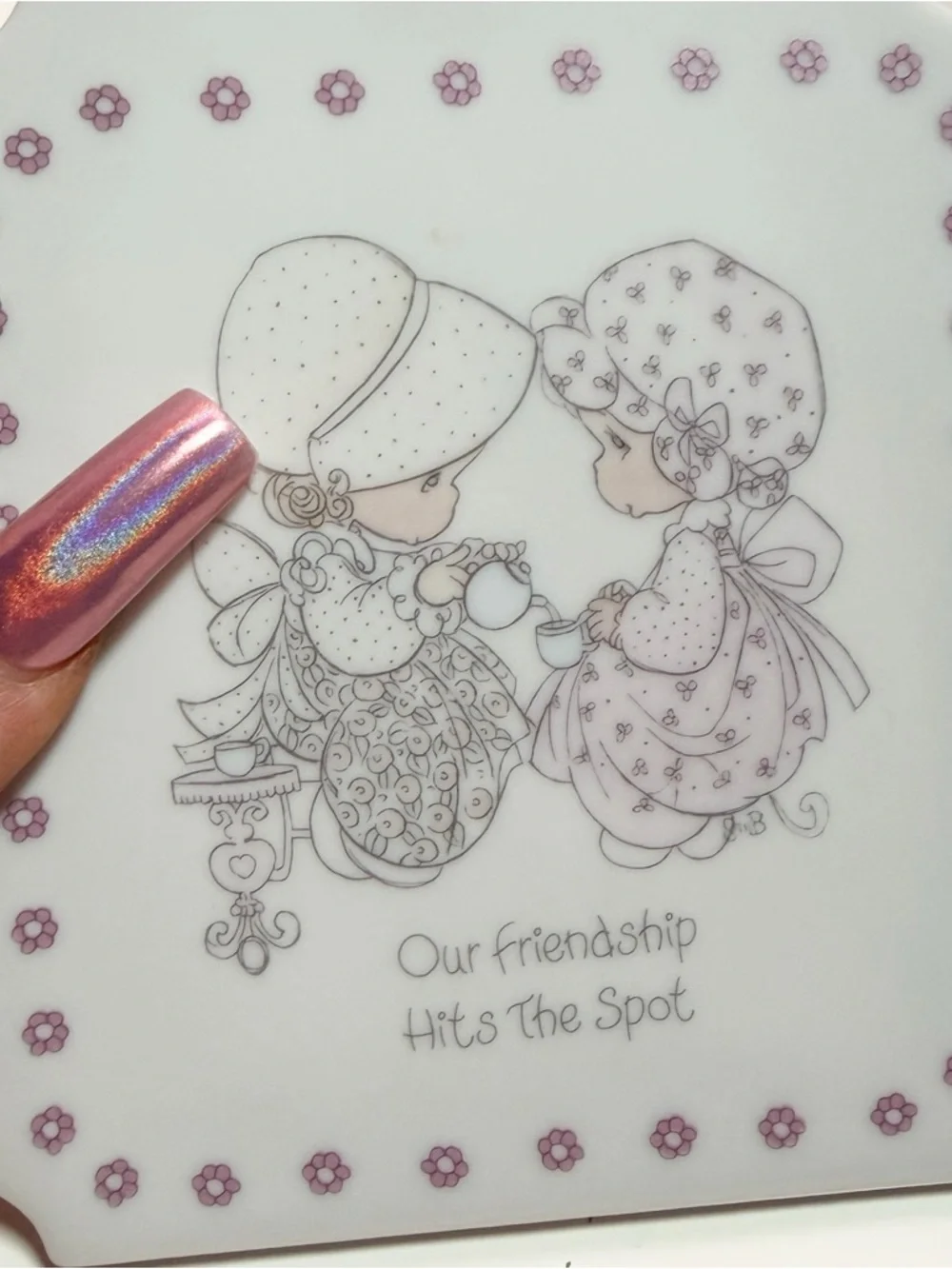 Vintage 80s pastel precious moments tea party wall art